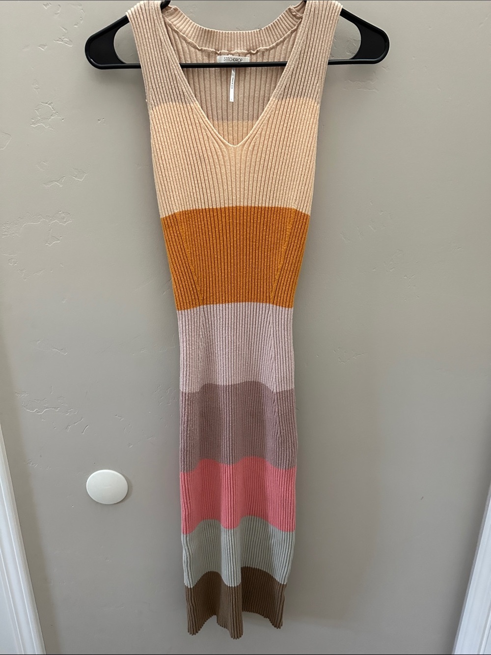 Stitchdrop Striped Ribbed Maxi Dress in Beige, Mustard, Pink & Brown